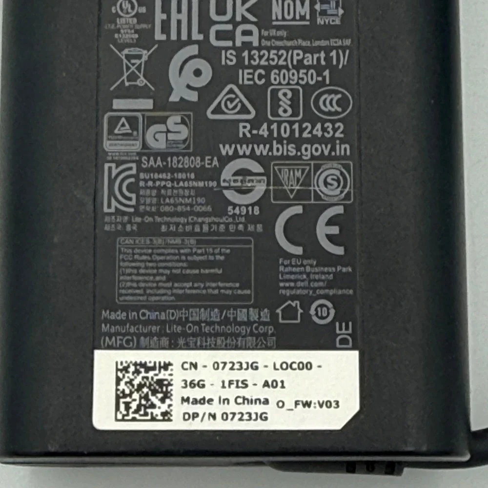 Dell 65W USB-C AC Adapter Laptop Charger LA65NM190 0723JG Black